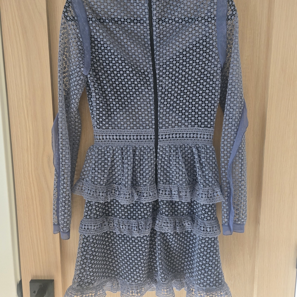 Self Portrait Slate Blue Long Sleeve Lace Mini Dress - Picture 4 of 9